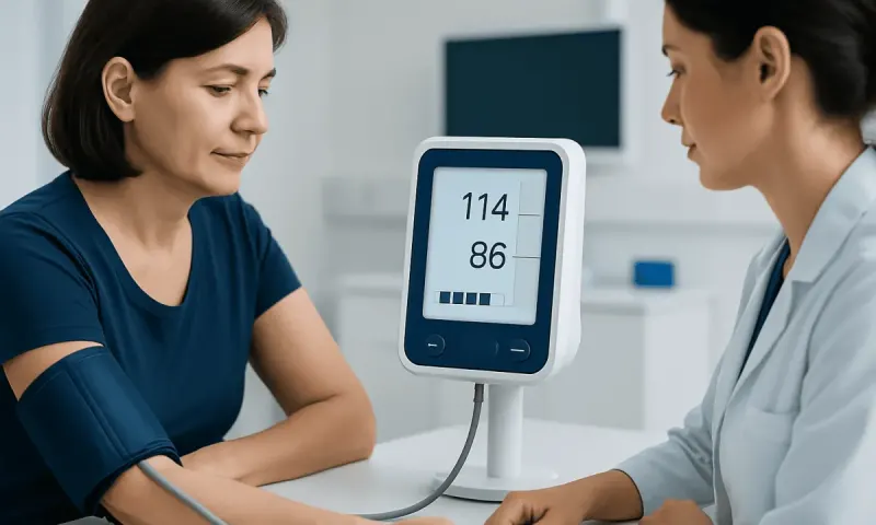 Woman's blood pressure measured with digital monitor in clinic.