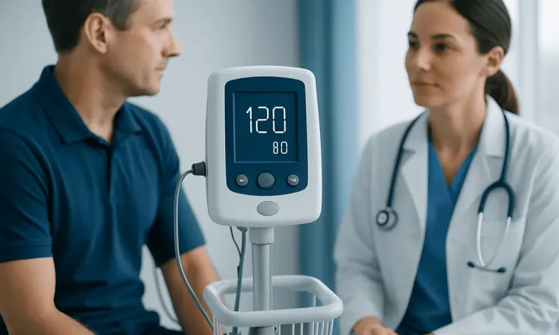 Patient's blood pressure reading 120/80 on digital monitor in clinic.