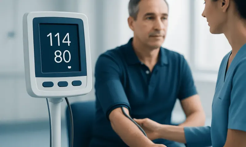 Patient's blood pressure reading 114/80 during a medical checkup.