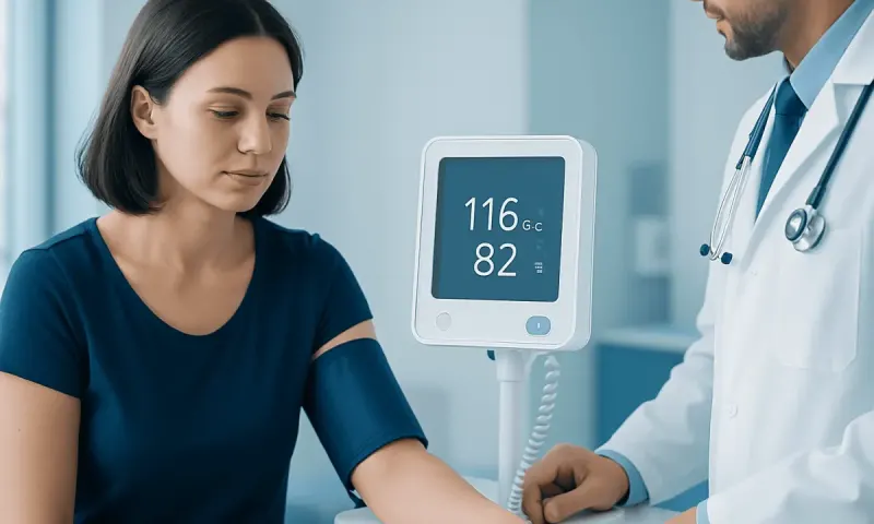 Medical professional measuring blood pressure of a woman in a clinical setting.