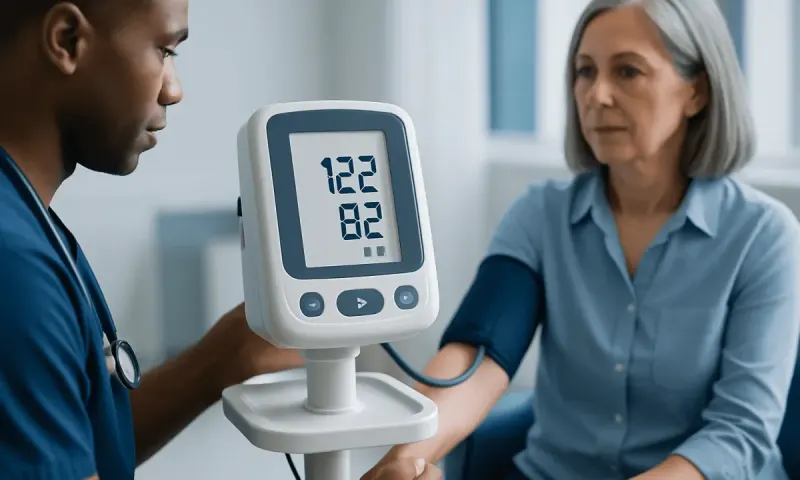 Healthcare professional measuring blood pressure of a senior woman.