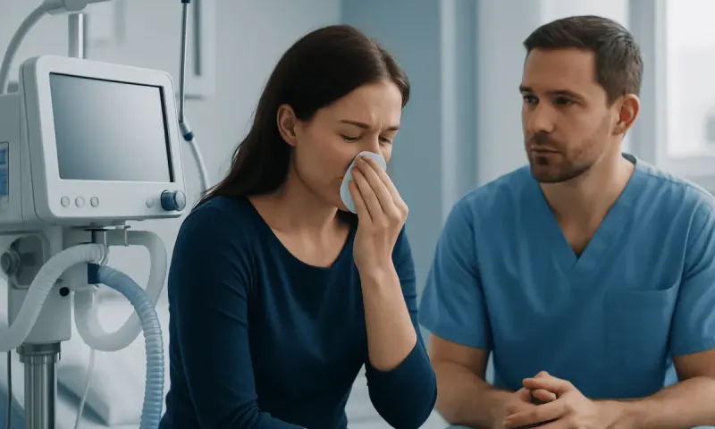 Woman with nasal bleeding consulting a doctor in hospital.