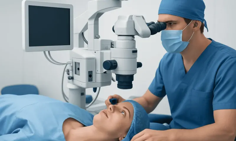 Ophthalmologist performing eye examination with advanced equipment.