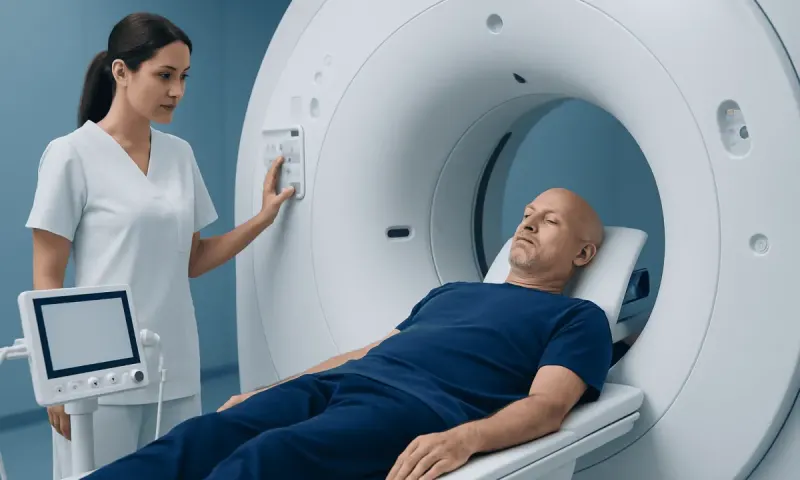Patient undergoing MRI scan at Acibadem Hospital for prostate cancer evaluation.