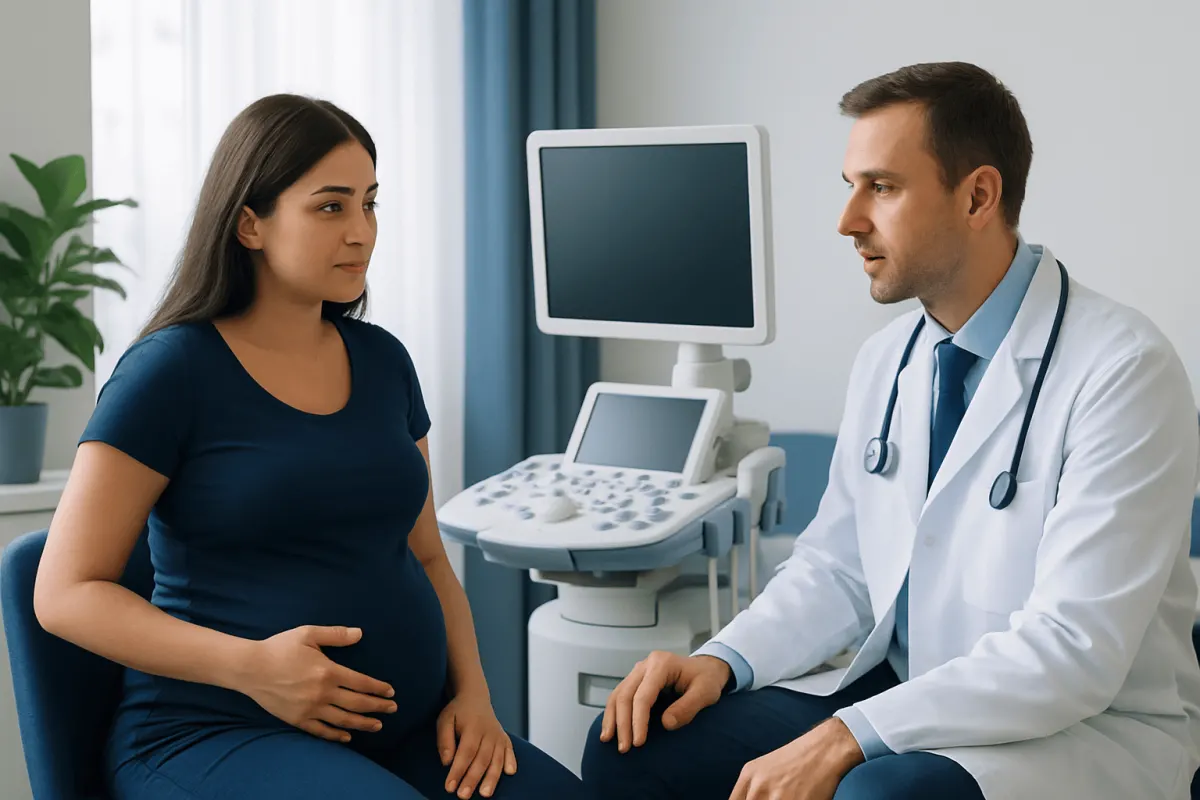 Doctor consulting pregnant woman in a medical examination room.