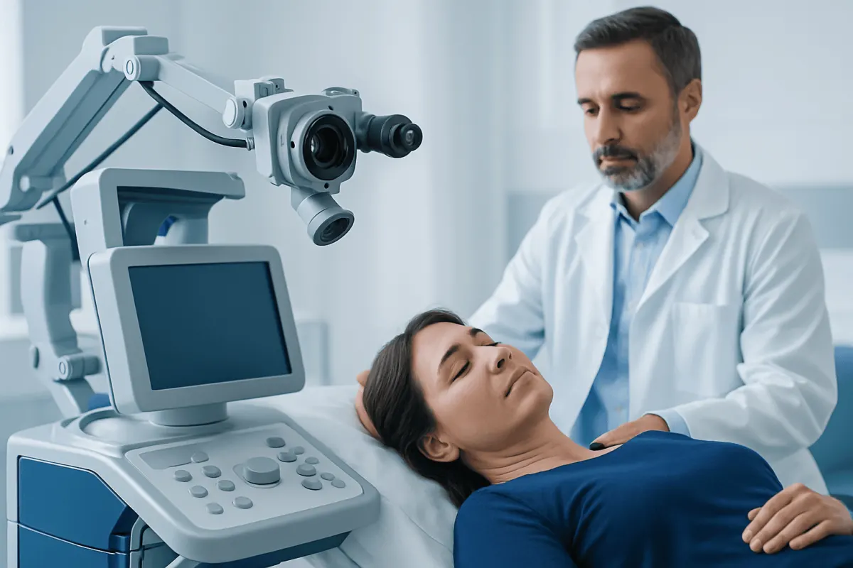 Doctor performing Epley maneuver on patient in clinical setting.
