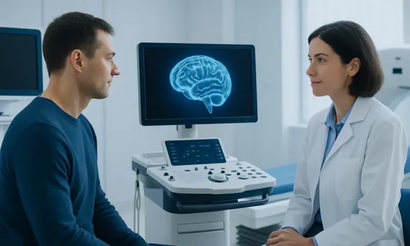 Doctor and patient discussing brain scan in a medical office.