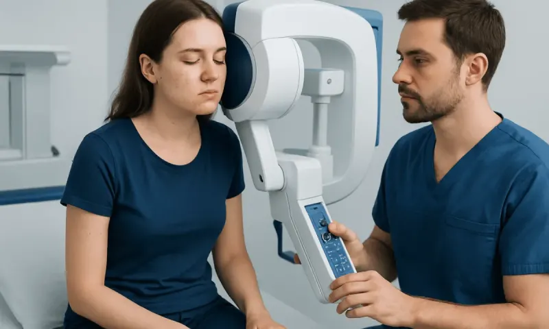 Patient undergoing eye examination with advanced medical equipment at Acibadem Hospital.