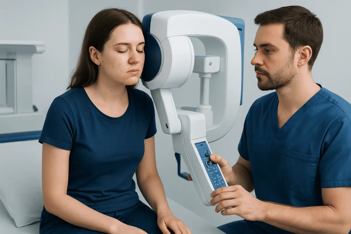 Patient undergoing eye examination with advanced medical equipment at Acibadem Hospital.