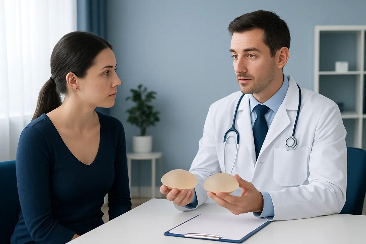 Doctor explaining breast implants to a patient in a consultation room.