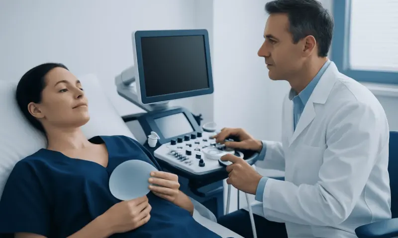 Doctor performing breast ultrasound examination on patient in hospital.