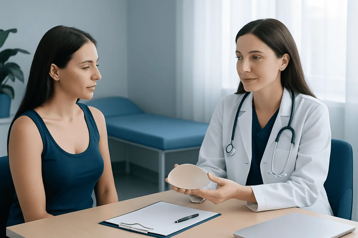 Doctor explaining breast augmentation options to a patient in consultation.
