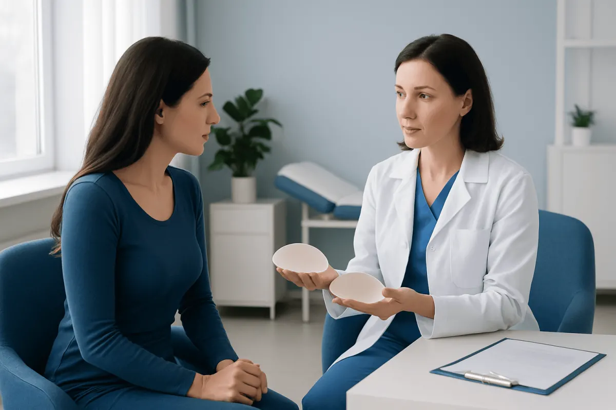 Patient consulting with a doctor about breast augmentation options at Acibadem Hospital.