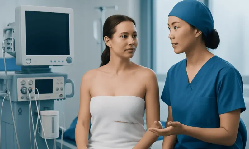 Medical consultation with a nurse and patient in a hospital setting.