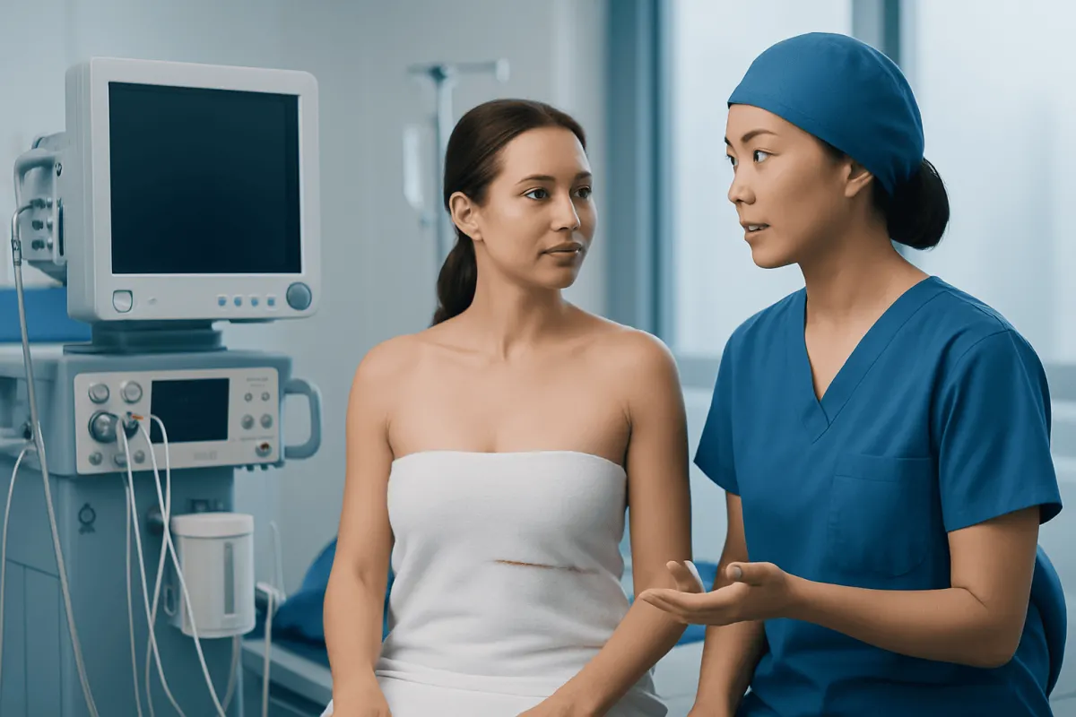Medical consultation with a nurse and patient in a hospital setting.