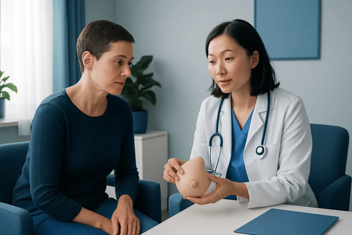 Doctor explaining breast reconstruction options to a patient in a consultation room.