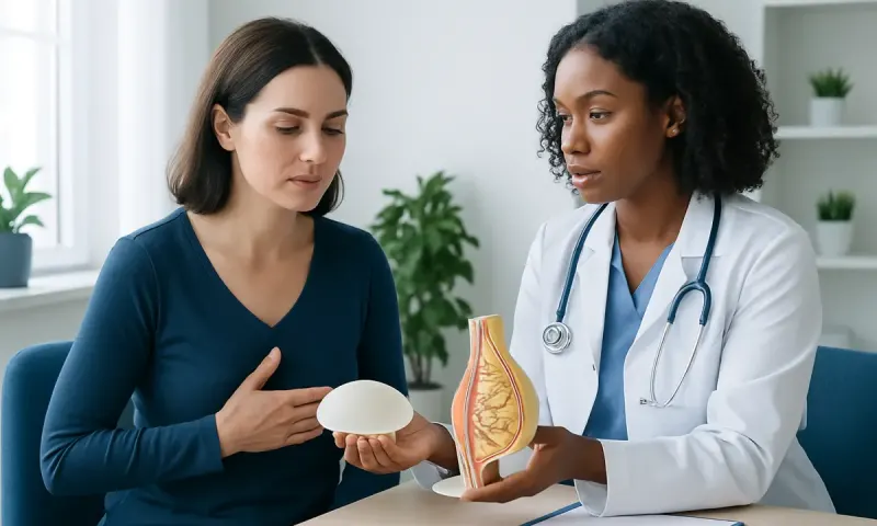 Doctor explaining breast implant to patient with anatomical model.