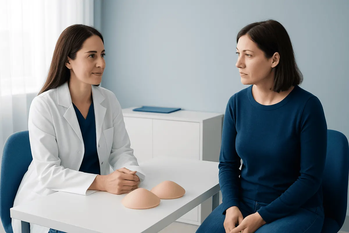 Doctor consulting with patient about breast lift and reduction options at Acibadem Hospital.