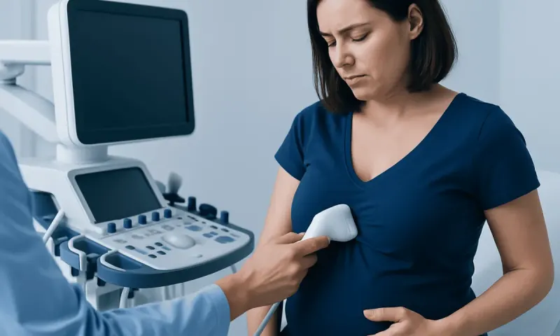 Pregnant woman undergoing ultrasound examination at hospital.