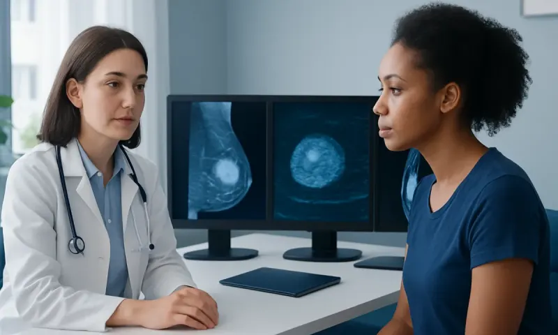 Doctor discussing breast cancer screening with patient in clinic.