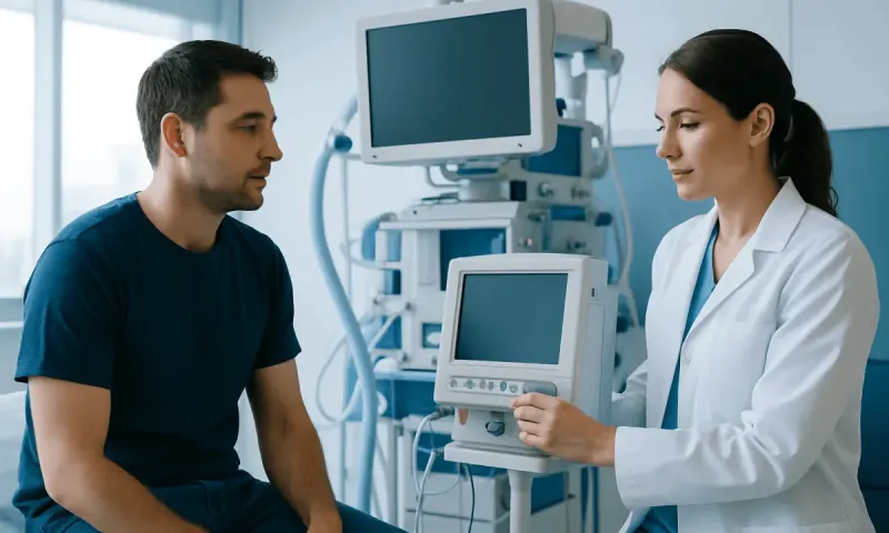 Doctor consulting patient in a hospital room with medical equipment.