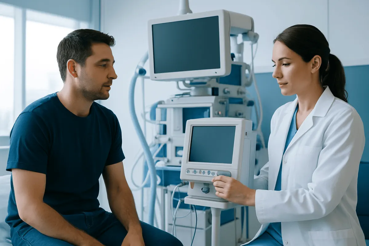 Doctor consulting patient in a hospital room with medical equipment.
