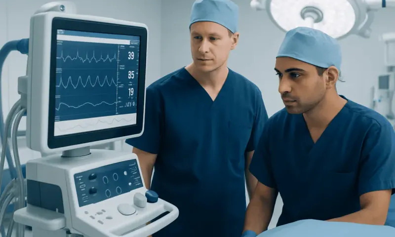 Surgeons monitor a patient's vital signs in an operating room.