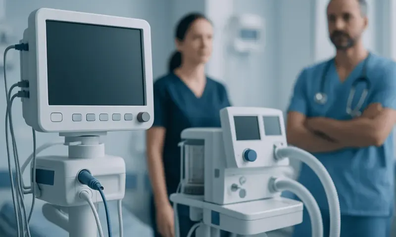Medical equipment in a hospital room with healthcare professionals in the background.