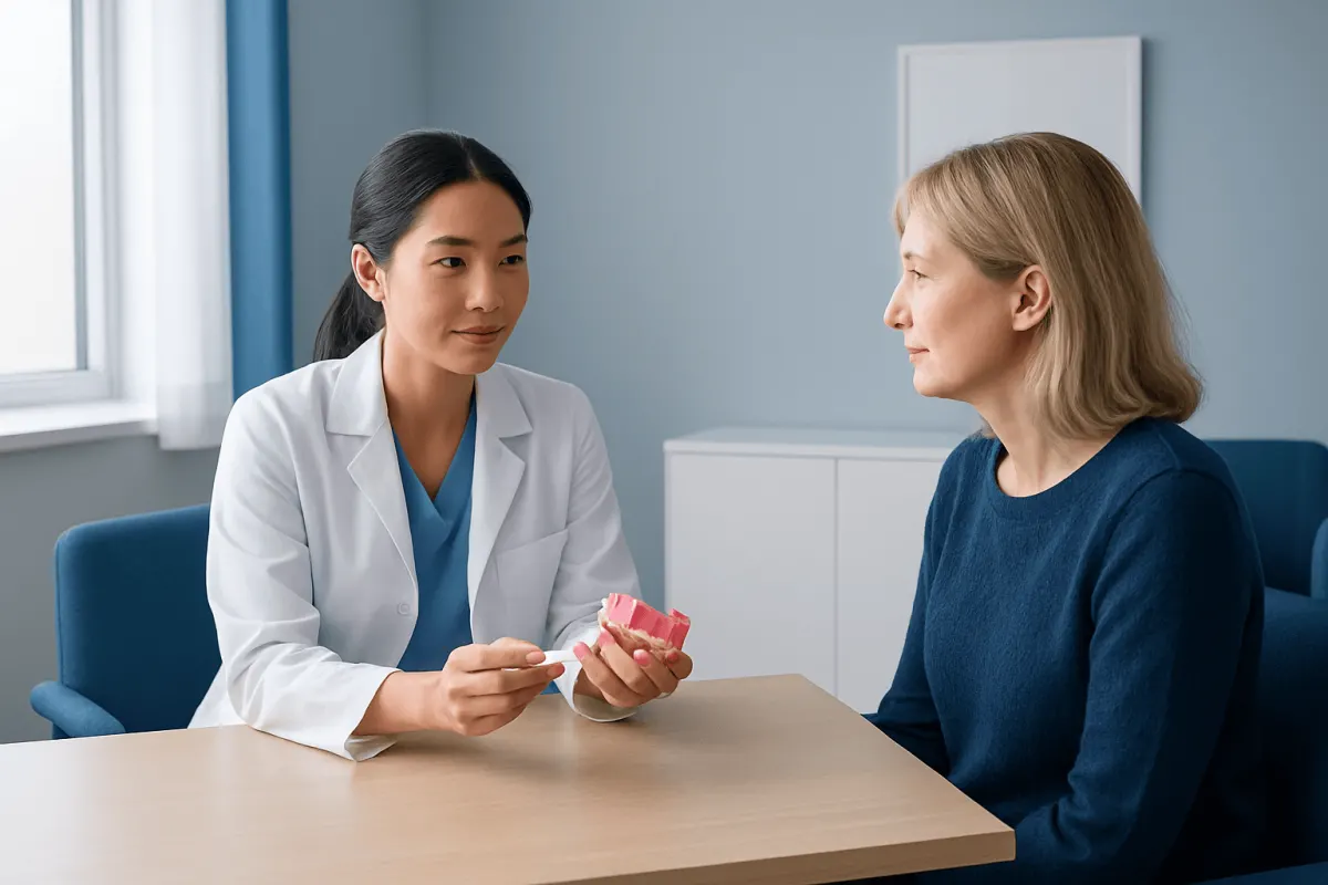 Dentist explaining denture repair options to a patient in a clinic.