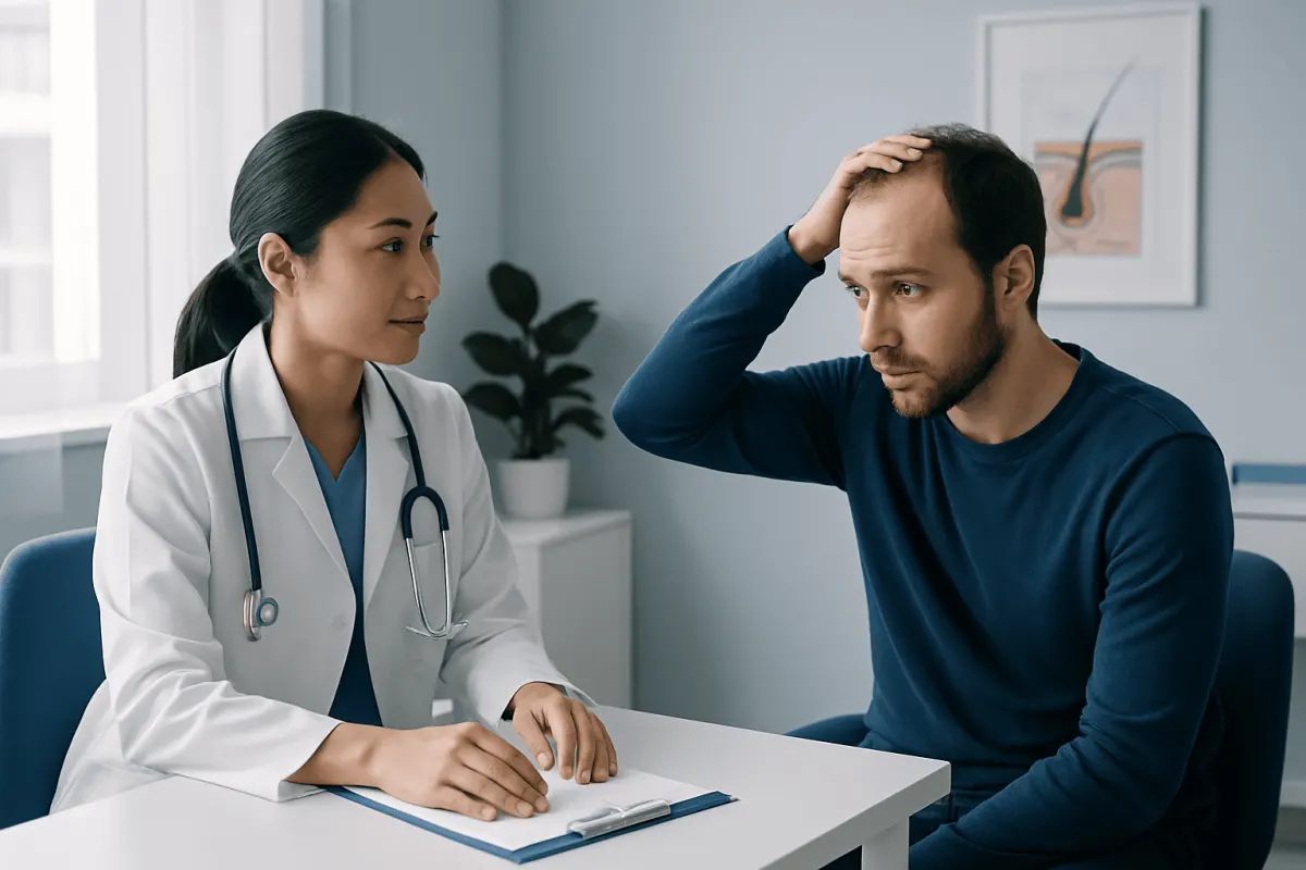 Doctor consulting with male patient about hair health and growth.