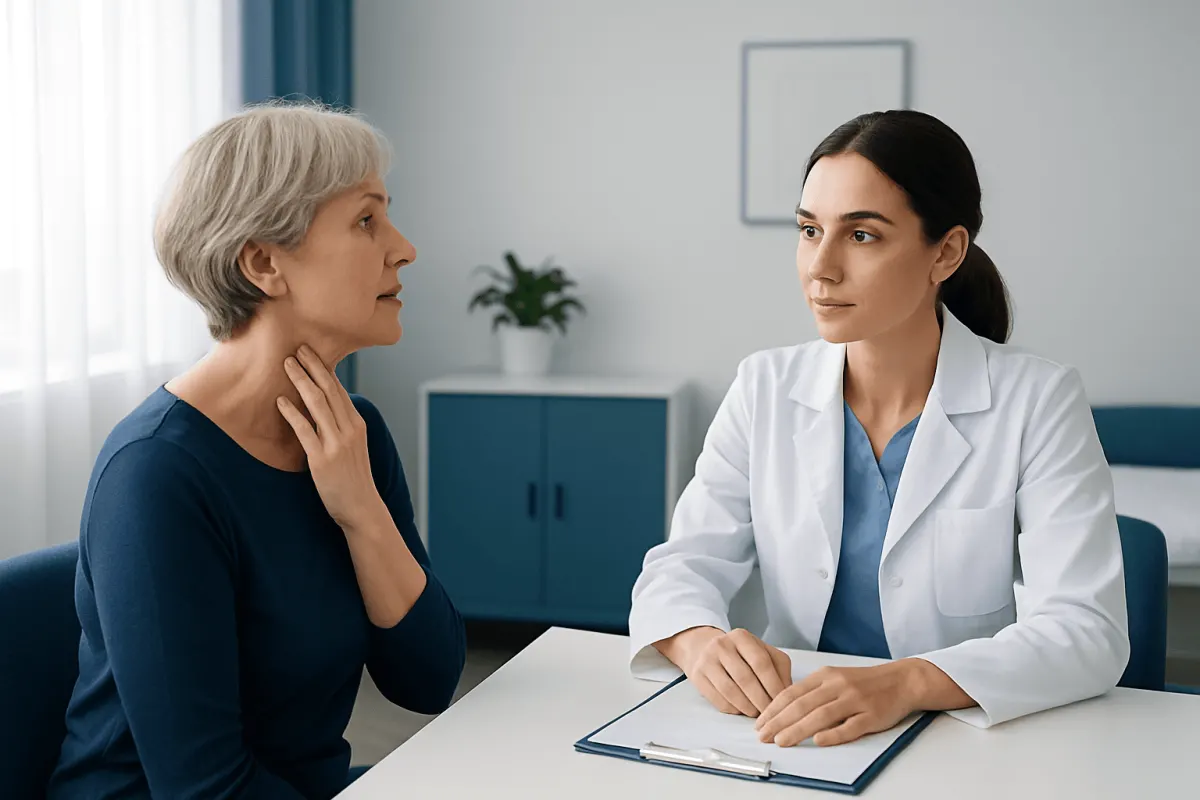 Doctor consulting with an elderly woman about neck treatment options.