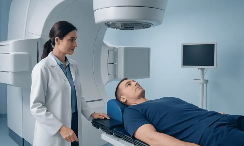Medical professional prepares patient for MRI scan at hospital.