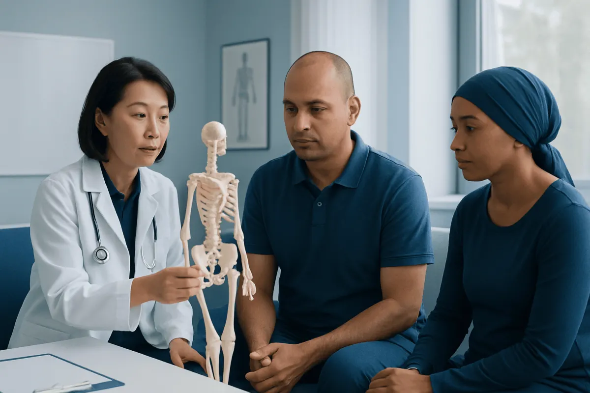 Doctor explaining bone health to patients in a consultation room.
