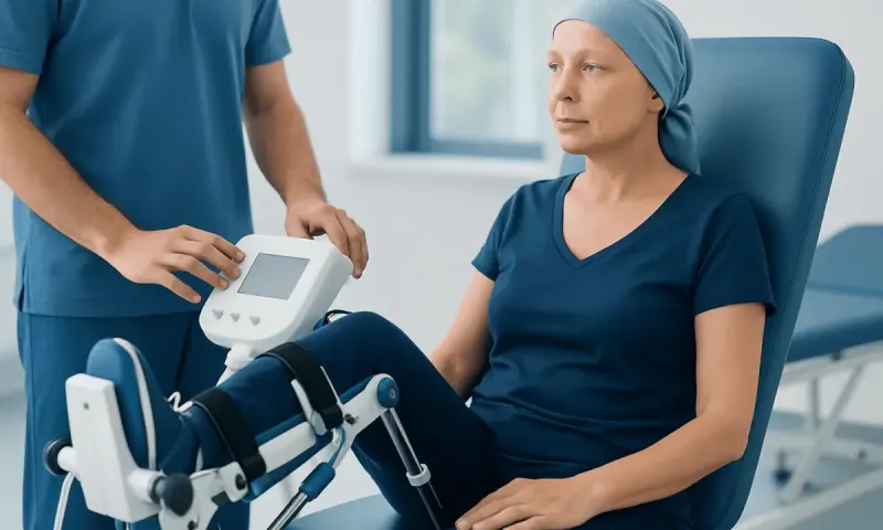 Cancer patient undergoing rehabilitation therapy in a hospital setting.