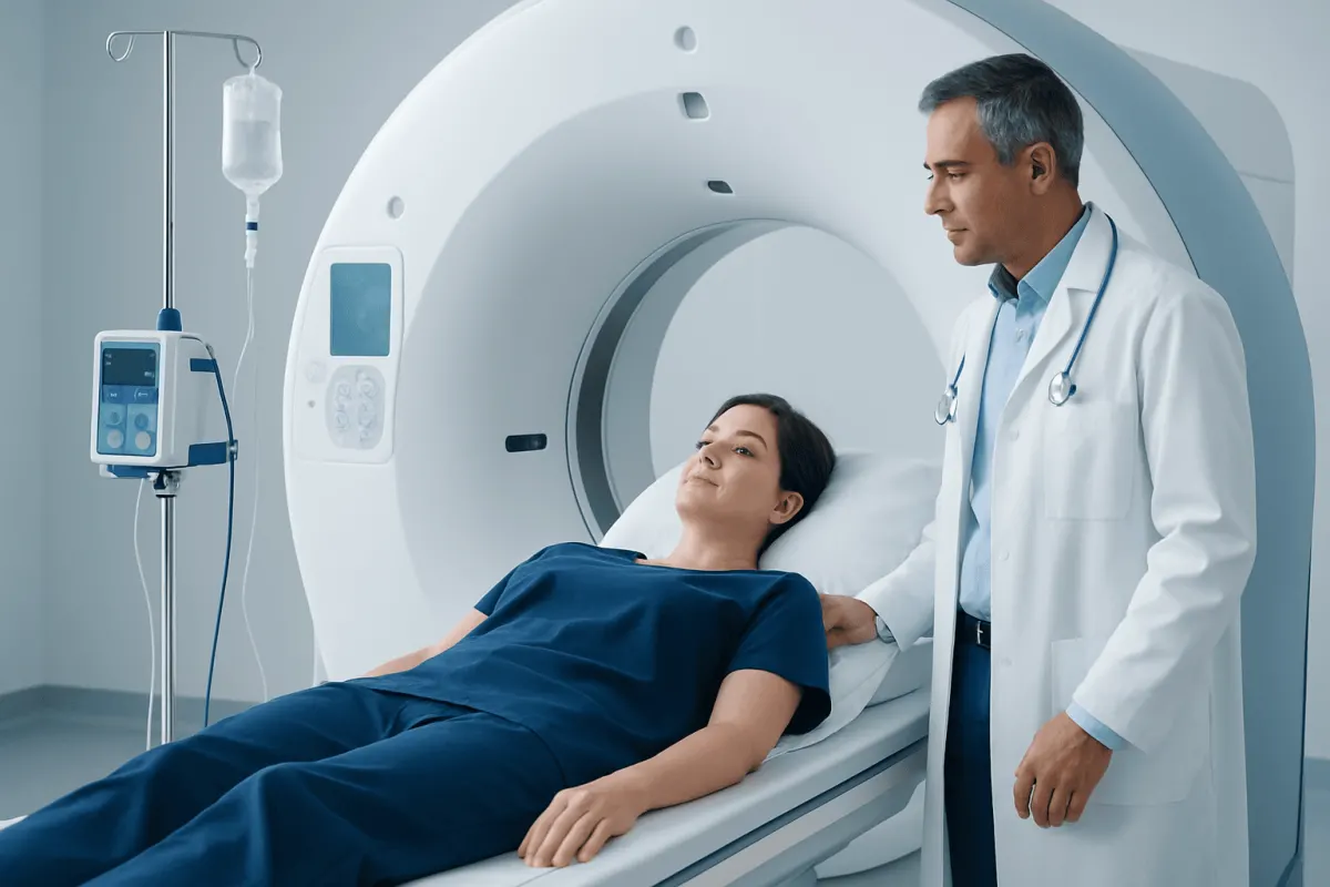 Patient undergoing MRI scan at Acibadem Hospital for cancer diagnosis.