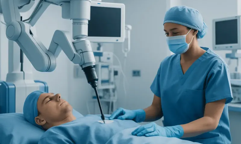 Surgeon performing minimally invasive cancer surgery in an operating room.