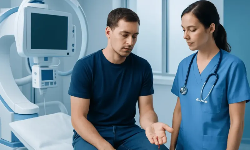 Doctor examining patient's hand in a hospital room with medical equipment.