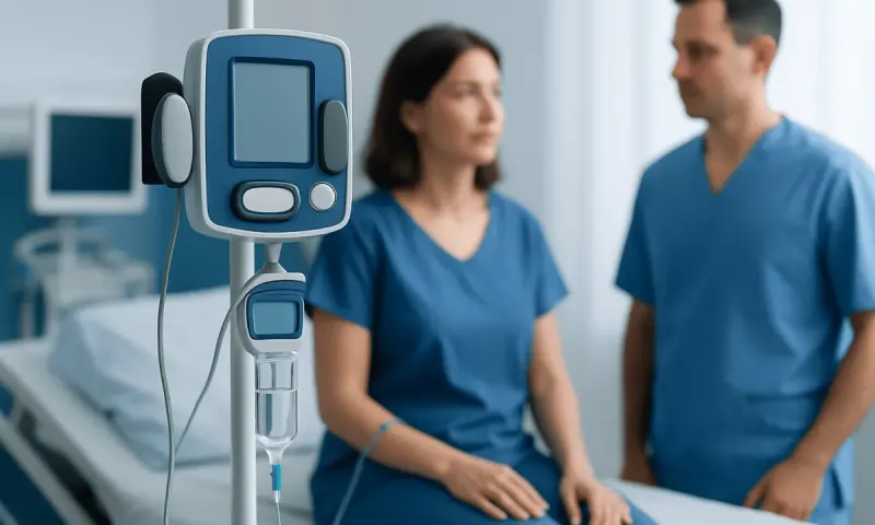 Medical monitor in hospital room with two healthcare professionals.