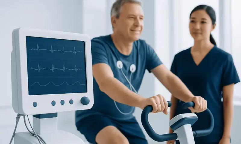 Patient undergoing cardiac rehab exercise with medical staff monitoring.