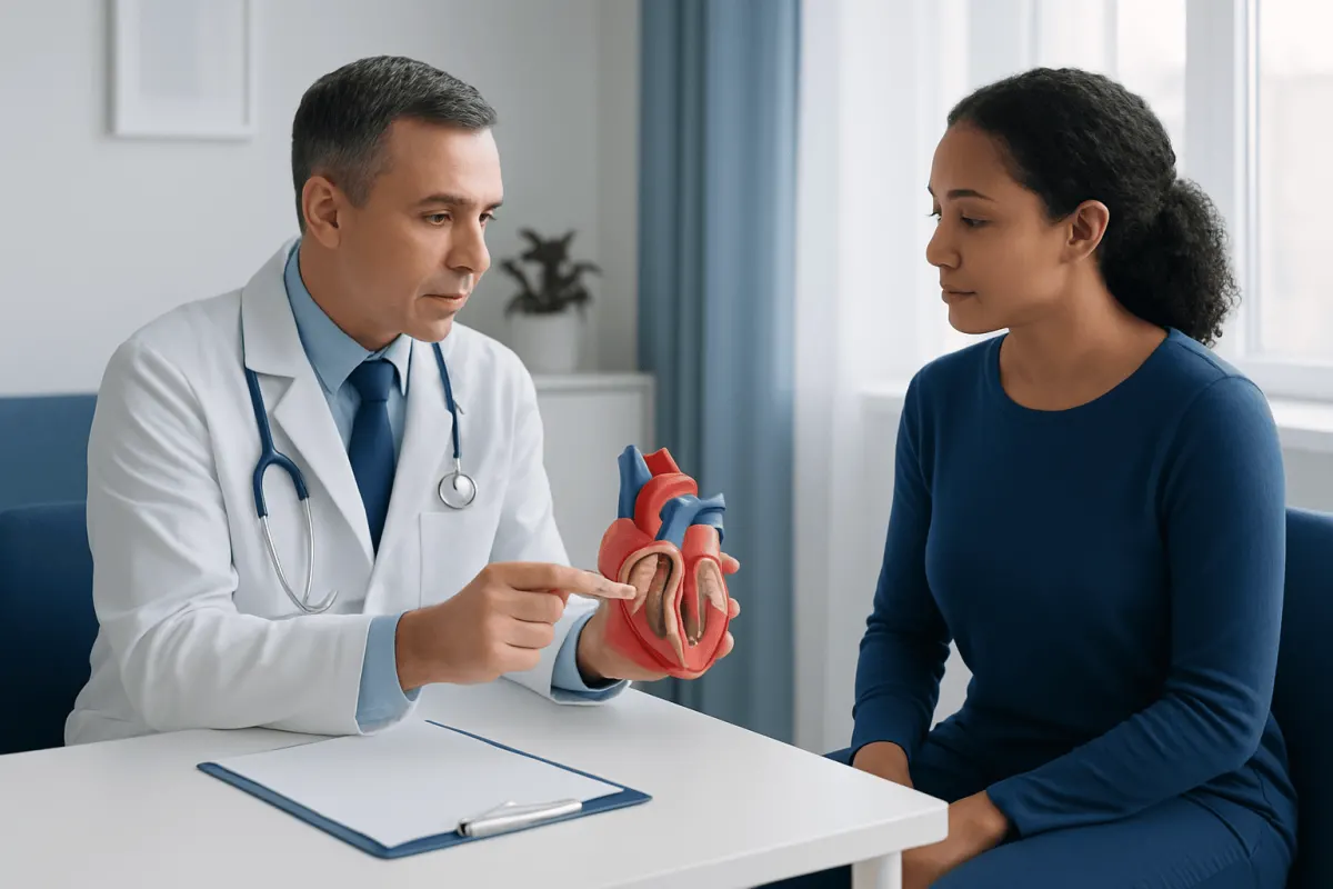 Doctor explaining heart anatomy to patient in a consultation room.