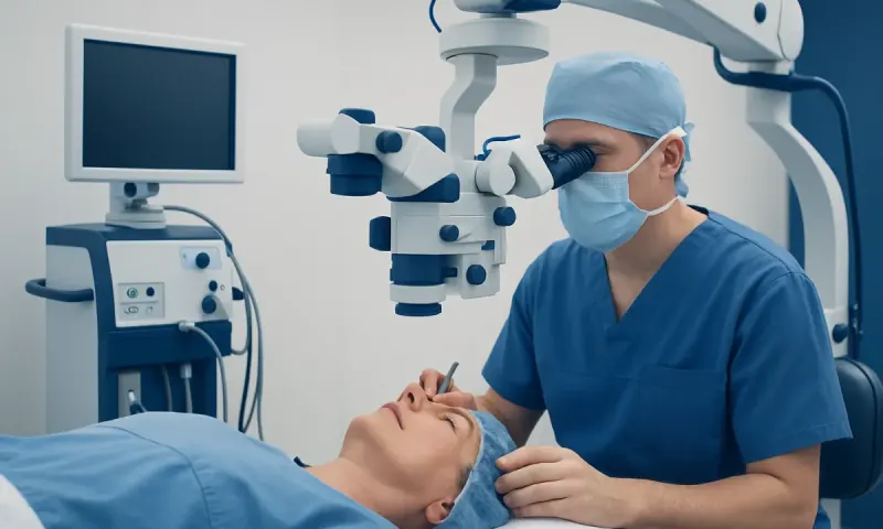 Surgeon performing cataract surgery with advanced microscope equipment.