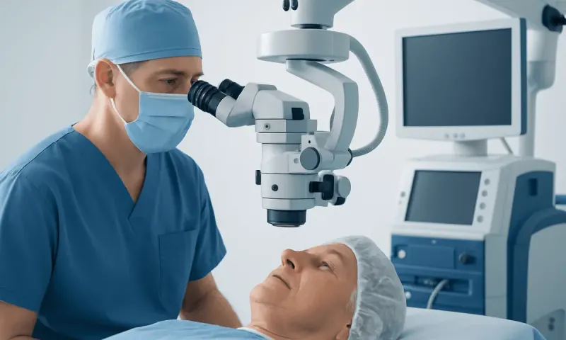 Surgeon performing eye surgery with advanced microscope at Acibadem Hospital.