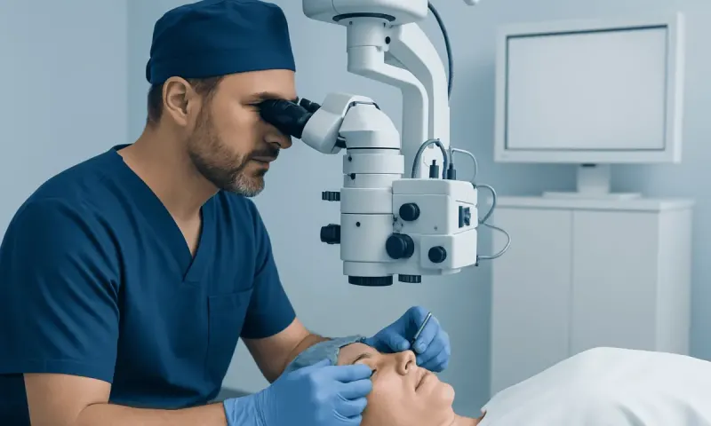 Ophthalmologist performing eye exam with microscope in clinic.