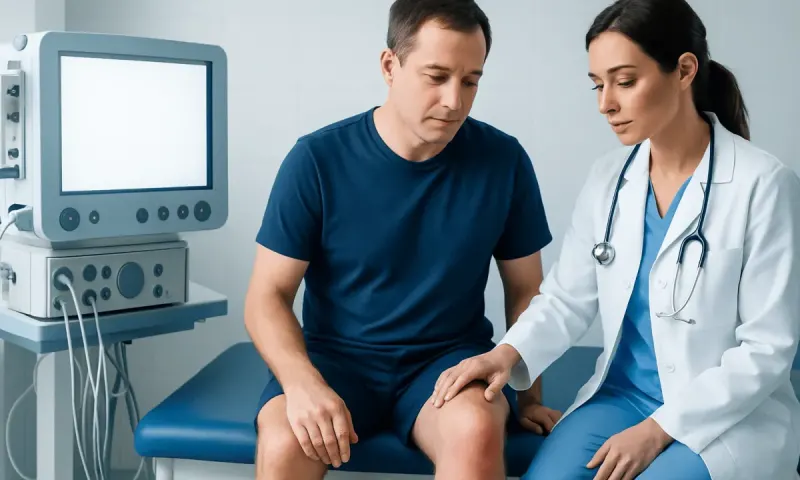 Doctor examining patient's knee in a medical clinic setting.