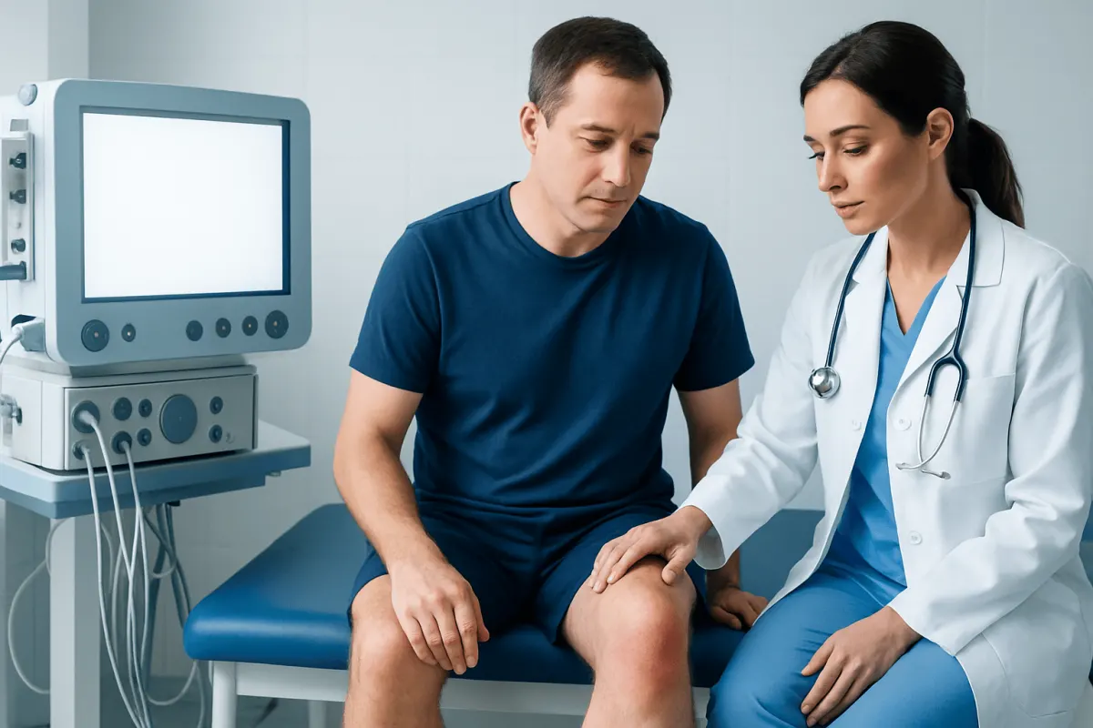 Doctor examining patient's knee in a medical clinic setting.