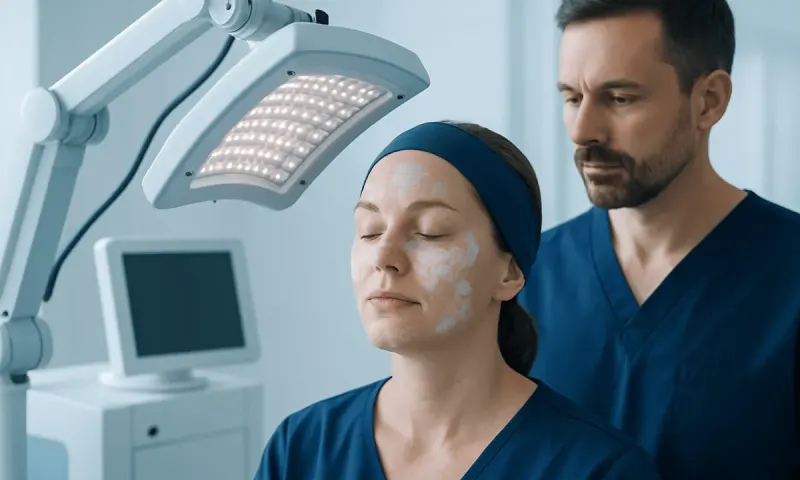 Dermatologist performing facial treatment with LED light therapy at Acibadem Hospital.