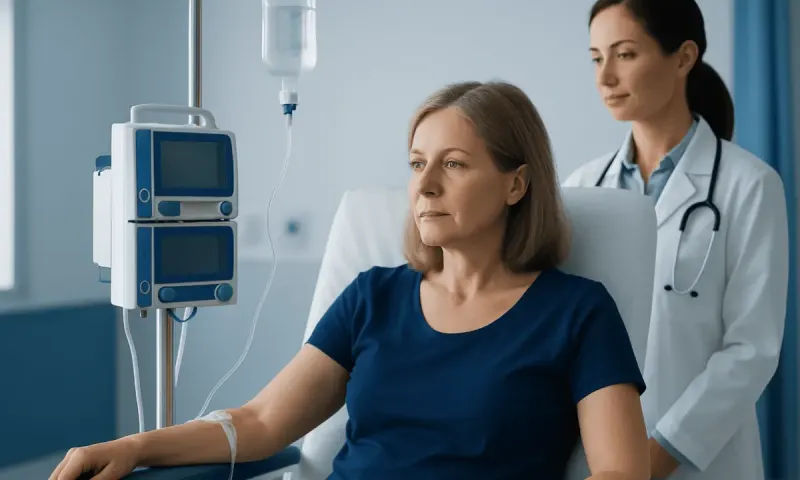 Patient receiving chemotherapy treatment in hospital with medical staff present.