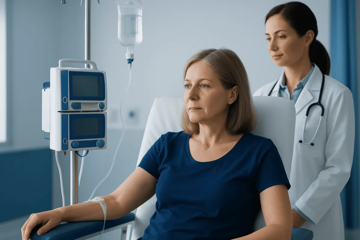 Patient receiving chemotherapy treatment in hospital with medical staff present.