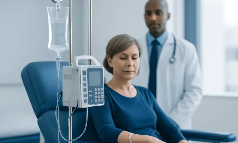 Patient receiving chemotherapy treatment in hospital setting.