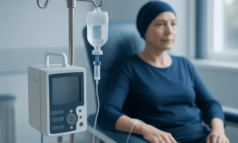 Patient receiving chemotherapy treatment in a hospital room.